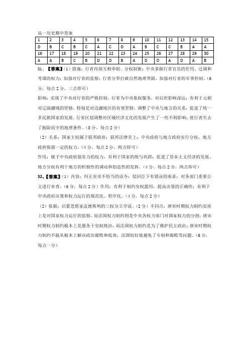 2020—2021学年上期期中高一历史答案