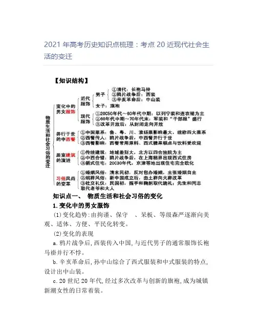 2021年高考历史知识点梳理：考点20近现代社会生活的变迁
