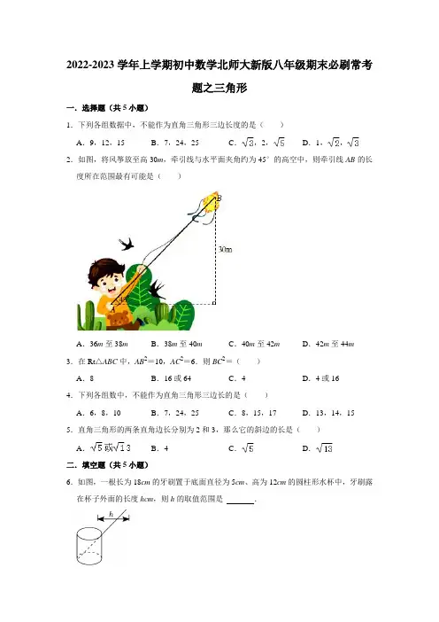 期末必刷常考题勾股定理-2022-2023学年+数学北师大版八年级上册