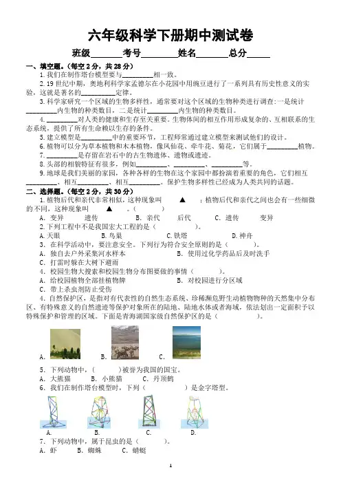 小学科学教科版六年级下册期中测试卷(附参考答案)(2022新版)