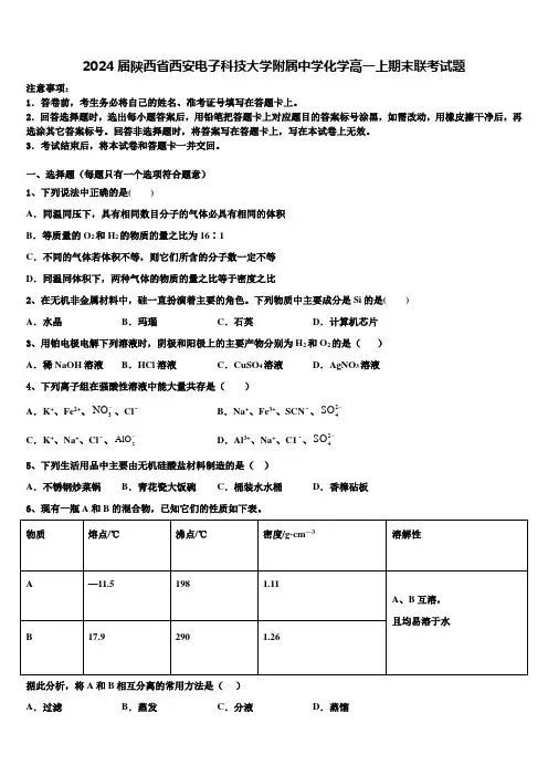 2024届陕西省西安电子科技大学附属中学化学高一上期末联考试题含解析