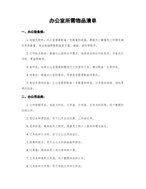 办公室所需物品清单