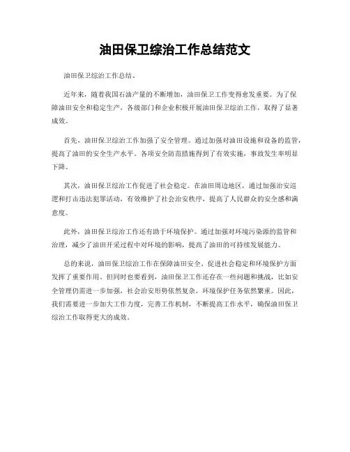 油田保卫综治工作总结范文