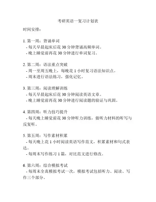 考研英语一复习计划表