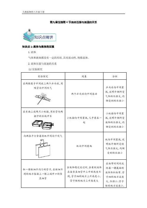 人教版八年级下学期物理备课讲义：9.4 流体压强与流速的关系