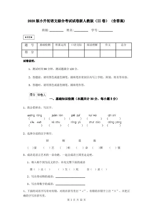 2020版小升初语文综合考试试卷新人教版(II卷) (含答案)