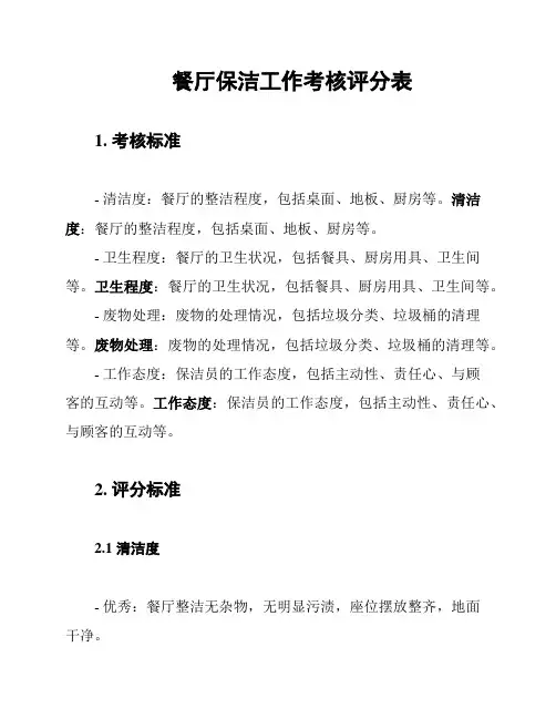 餐厅保洁工作考核评分表