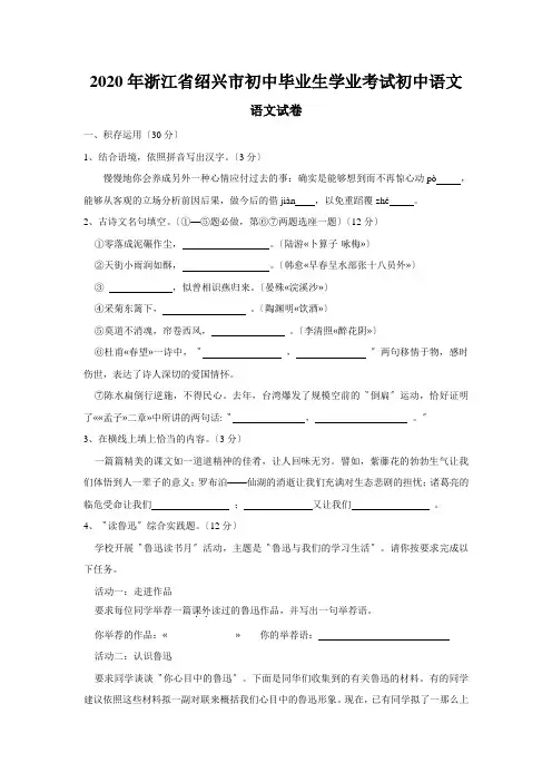 2020年浙江省绍兴市初中毕业生学业考试初中语文