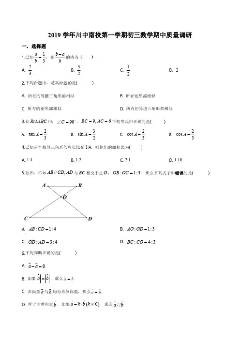 2019-2020学年上海市川中南校九年级上学期期中考数学试卷(含详解)