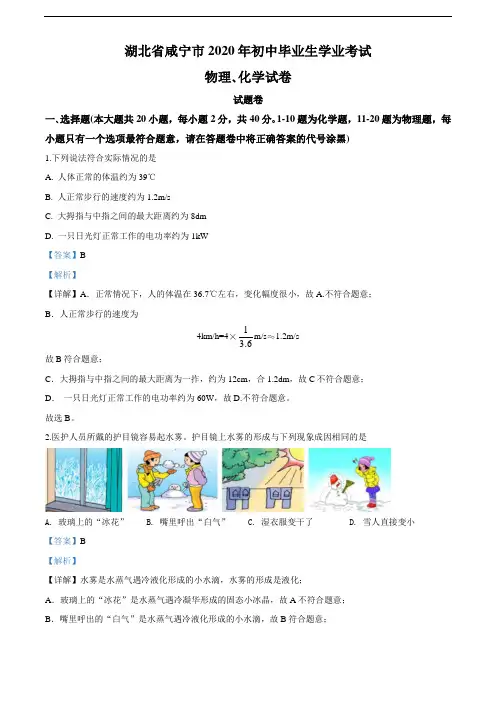 2020年湖北省咸宁市中考物理试题(教师版含解析)