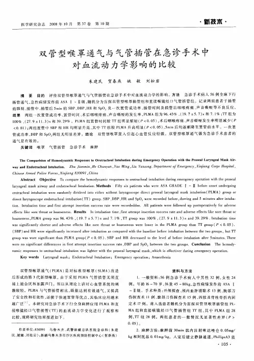 双管型喉罩通气与气管插管在急诊手术中对血流动力学影响的比较
