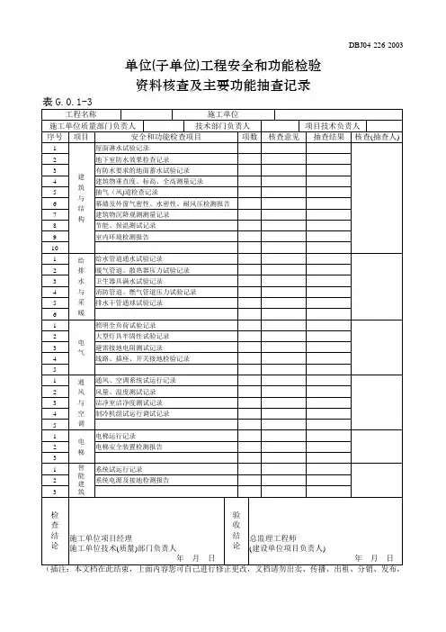 单位(子单位)工程安全和功能检验资料核查及主要功能抽查记录