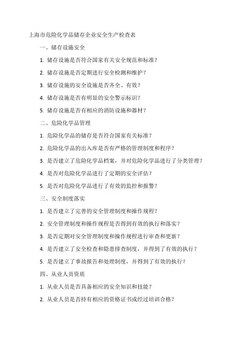 上海市危险化学品储存企业安全生产检查表