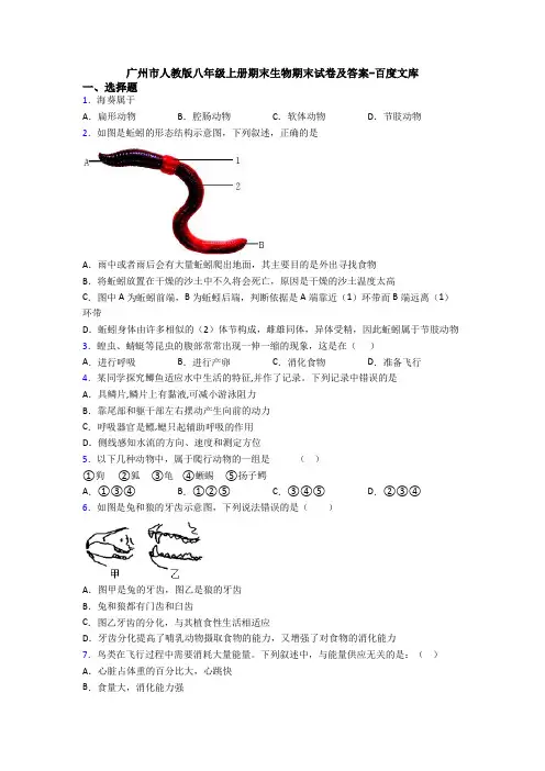 广州市人教版八年级上册期末生物期末试卷及答案-百度文库