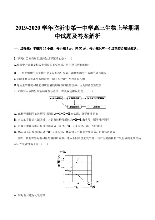 2019-2020学年临沂市第一中学高三生物上学期期中试题及答案解析