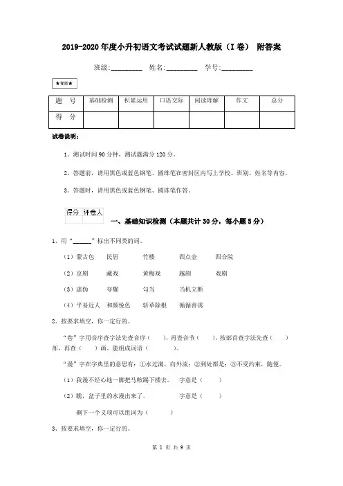 2019-2020年度小升初语文考试试题新人教版(I卷) 附答案