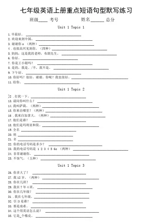 初中英语仁爱版七年级上册重点短语句型默写练习(共245句,附参考答案)