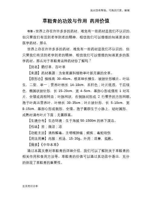 草鞋青的功效与作用 药用价值