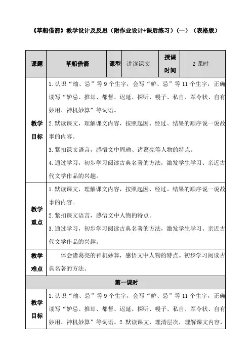 小学语文《草船借箭》教学设计及反思(附作业设计+课后练习)(表格版+word各一篇)
