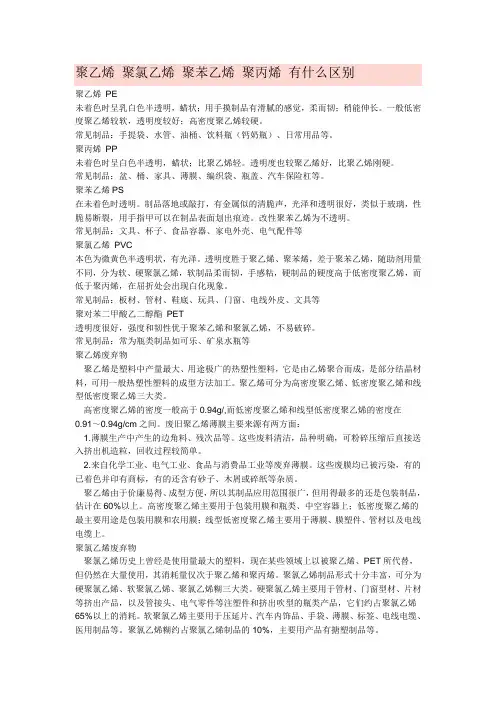 聚乙烯 聚氯乙烯 聚苯乙烯 聚丙烯 有什么区别
