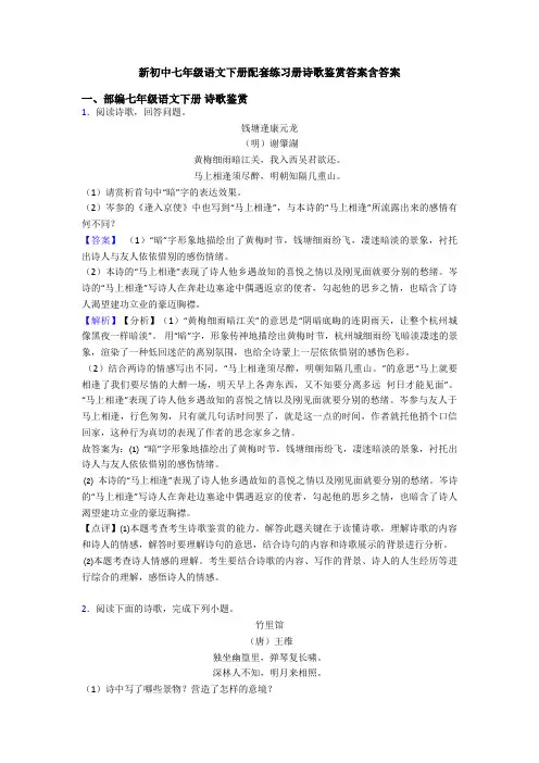 新初中七年级语文下册配套练习册诗歌鉴赏答案含答案