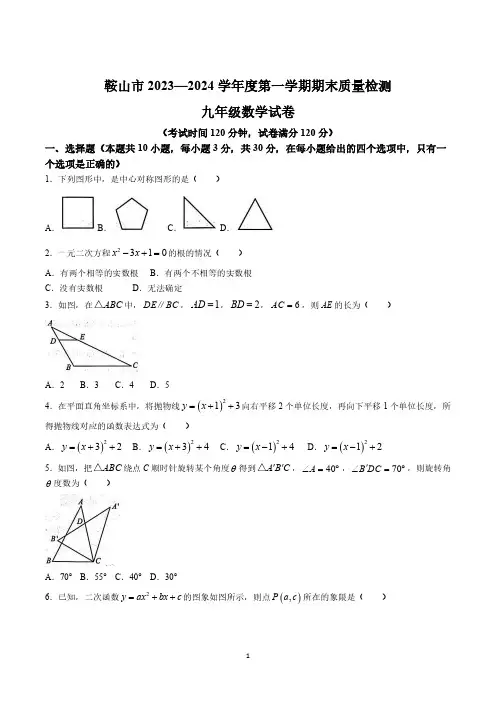 辽宁省鞍山市2024届九年级上学期期末质量检测数学试卷(含答案)