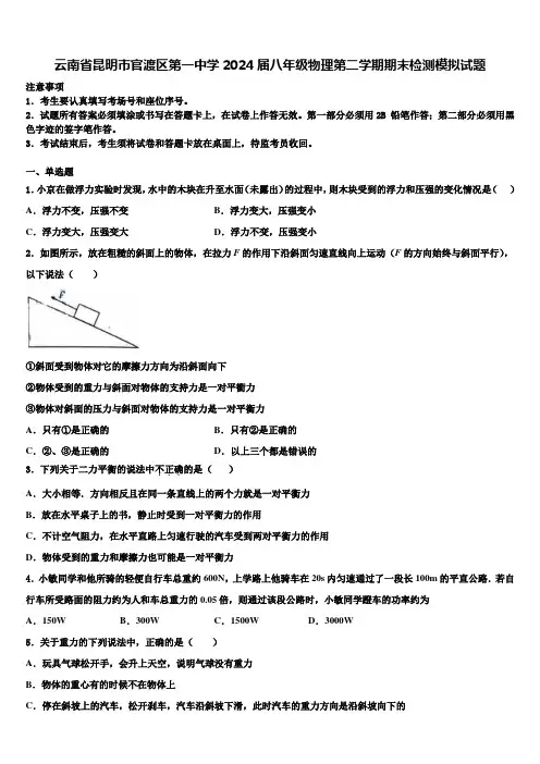 云南省昆明市官渡区第一中学2024届八年级物理第二学期期末检测模拟试题含解析