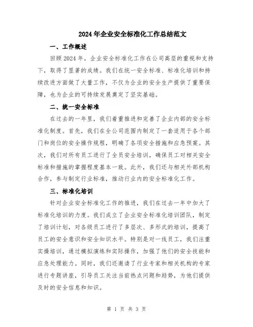 2024年企业安全标准化工作总结范文