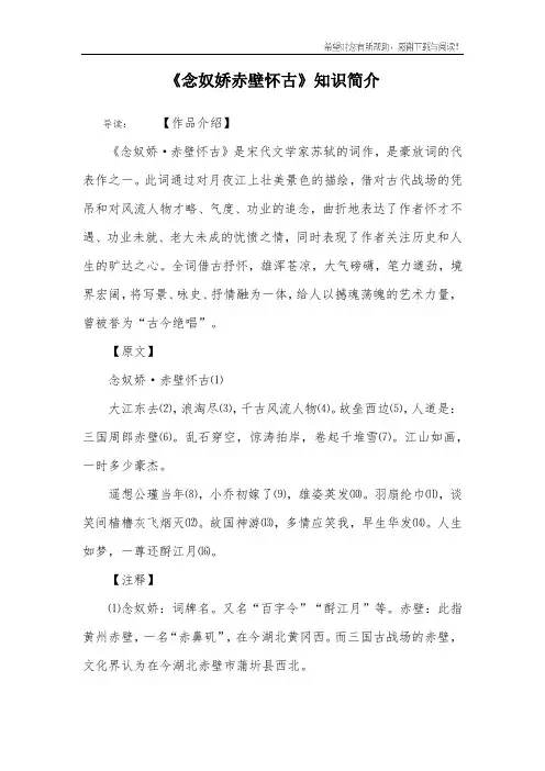 《念奴娇赤壁怀古》知识简介