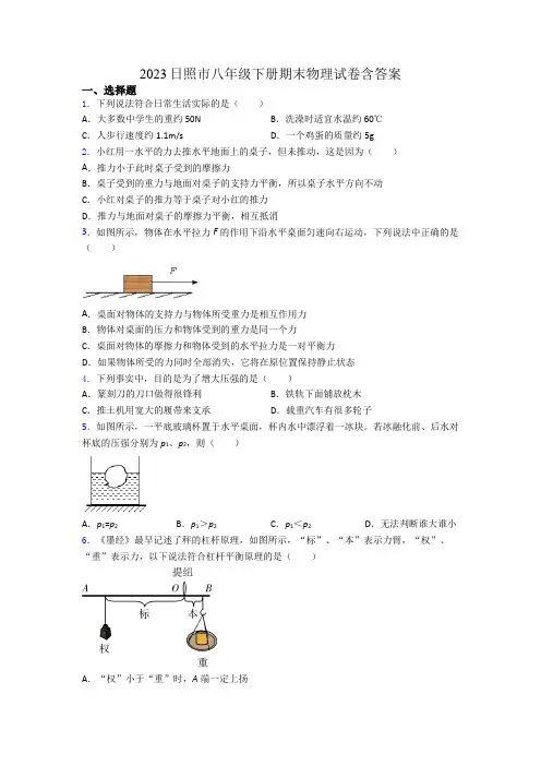 2023日照市八年级下册期末物理试卷含答案