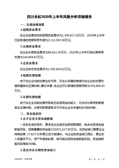 四川长虹2020年上半年财务风险分析详细报告