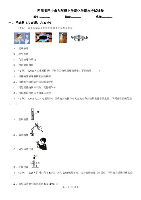 四川省巴中市九年级上学期化学期末考试试卷