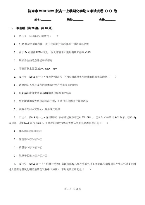 济南市2020-2021版高一上学期化学期末考试试卷(II)卷