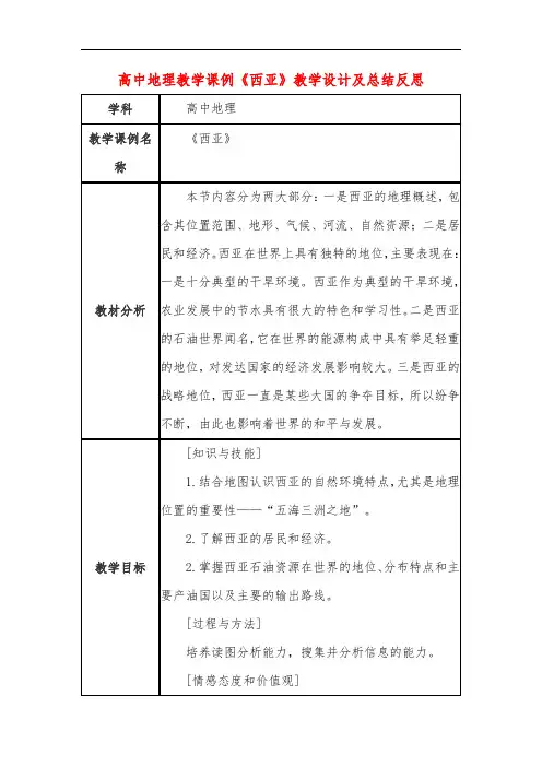 高中地理教学课例《西亚》课程思政核心素养教学设计及总结反思