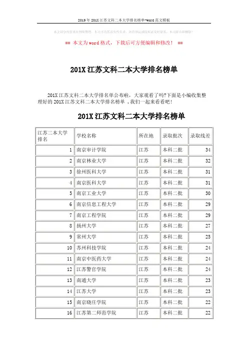 2019年201X江苏文科二本大学排名榜单-word范文模板 (4页)