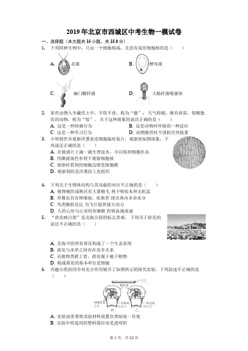 2019年北京市西城区中考生物一模试卷(解析版)