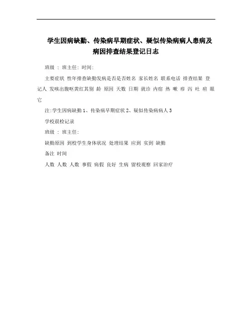 学生因病缺勤、传染病早期症状、疑似传染病病人患病及病因排查结果登记日志