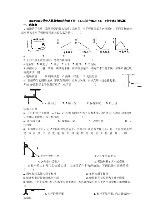 2024-2025学年人教版物理八年级下册：12.1杠杆-练习(2)(含答案)