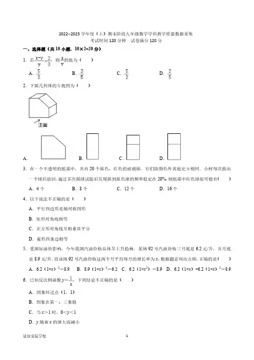 辽宁省沈阳市实验中学 2022-2023 学年九年级上学期数学期末 试题