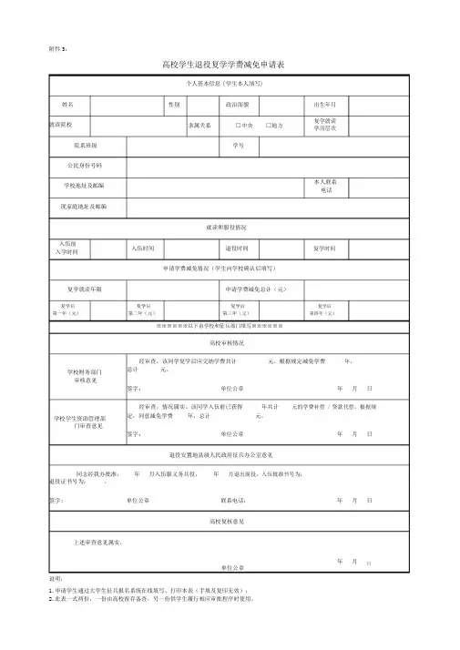 高校学生退役复学学费减免申请表.docx