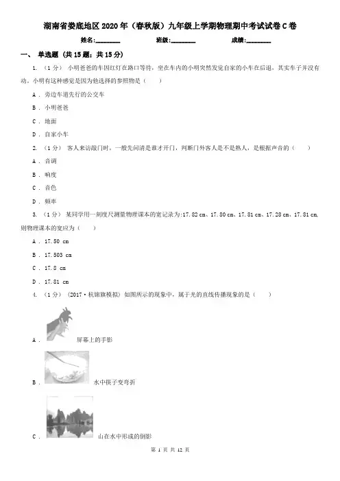 湖南省娄底地区2020年(春秋版)九年级上学期物理期中考试试卷C卷