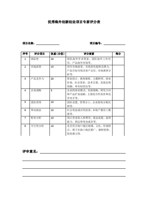 优秀海外创新创业项目专家评分表