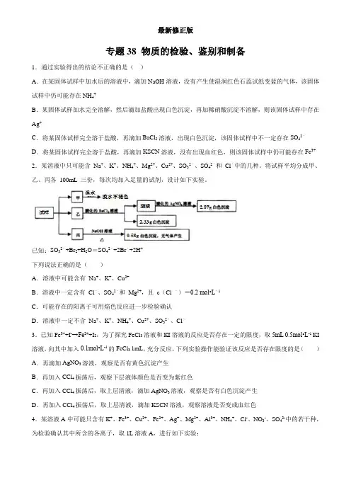 专题38 物质的检验、鉴别和制备(选择题)(学生版)  备战2020高考化学一轮必刷题集_最新修正版