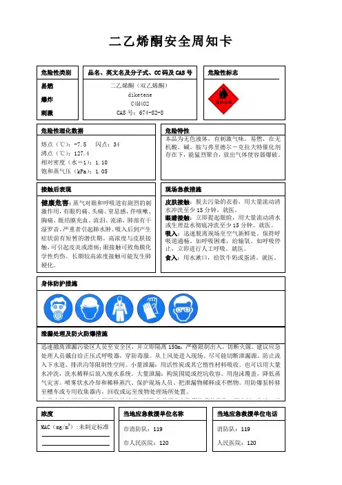 二乙烯酮安全周知卡、职业危害告知卡、理化特性表