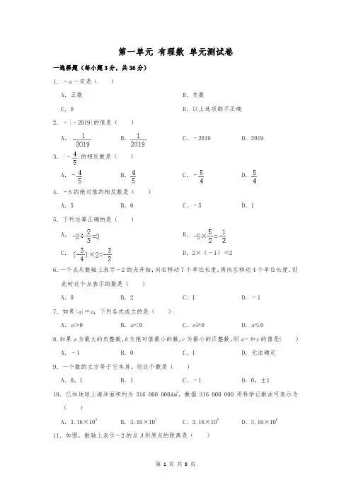 人教版七年级上册数学  第一单元 有理数 测试卷 含答案