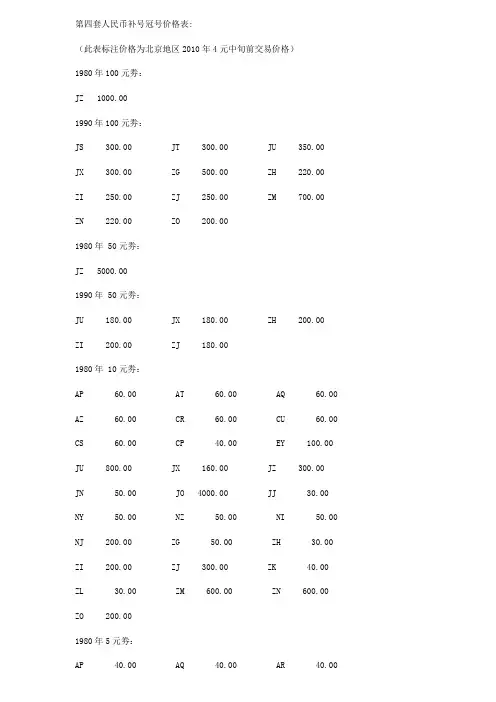 钱币补号和价格 补号大全