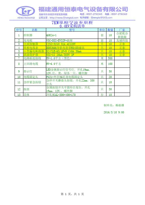 7KW交流充电桩采购清单