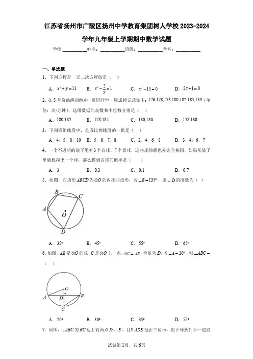 江苏省扬州市广陵区扬州中学教育集团树人学校2023-2024学年九年级上学期期中数学试题