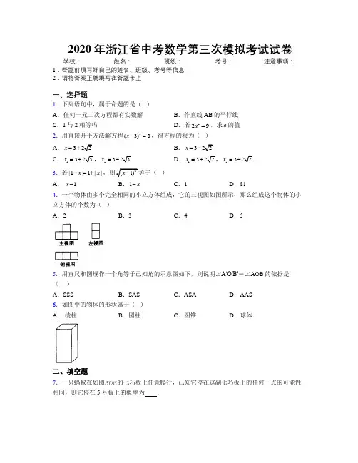2020年浙江省中考数学第三次模拟考试试卷附解析