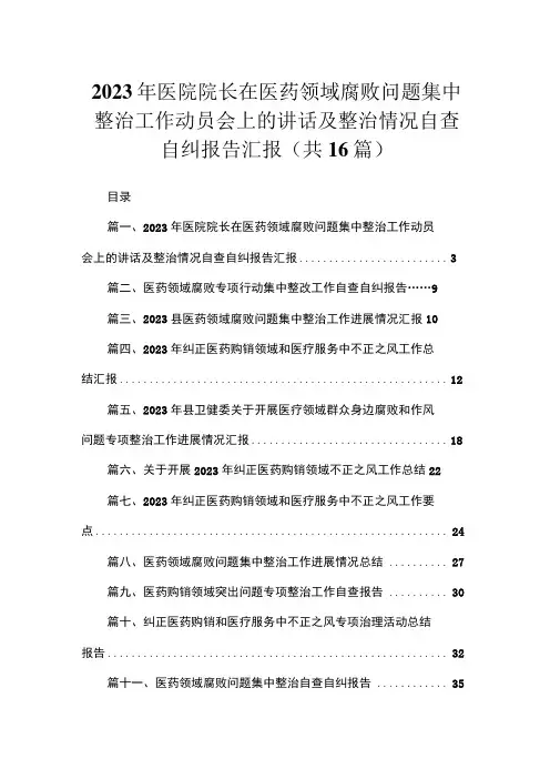 2023年医院院长在医药领域腐败问题集中整治工作动员会上的讲话及整治情况自查自纠报告汇报(共16篇)